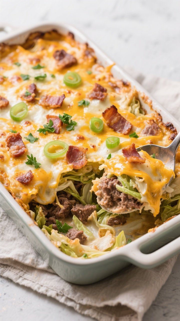 Final dish top view: Keto Loaded Cabbage & Beef Casserole fresh from the oven in a 9x13 baking dish,