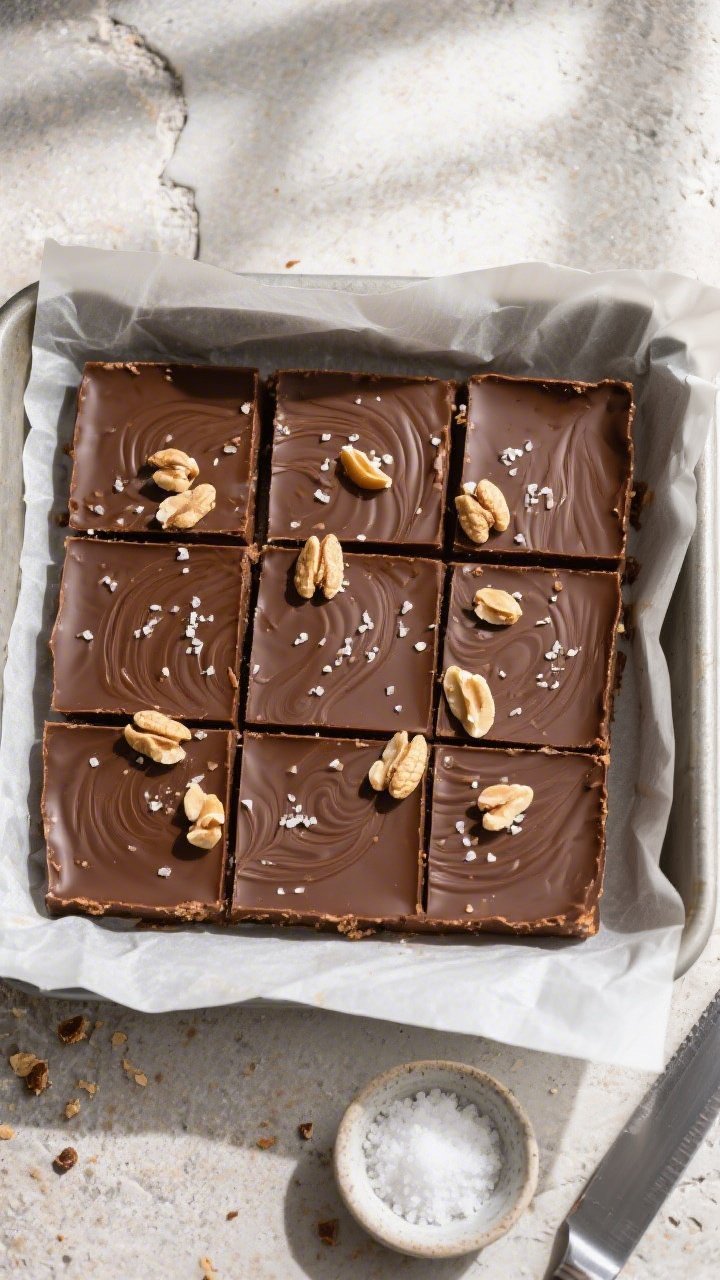 Final dish, top view: Overhead shot of an 8x8 pan of fully set low-carb chocolate peanut butter fudg