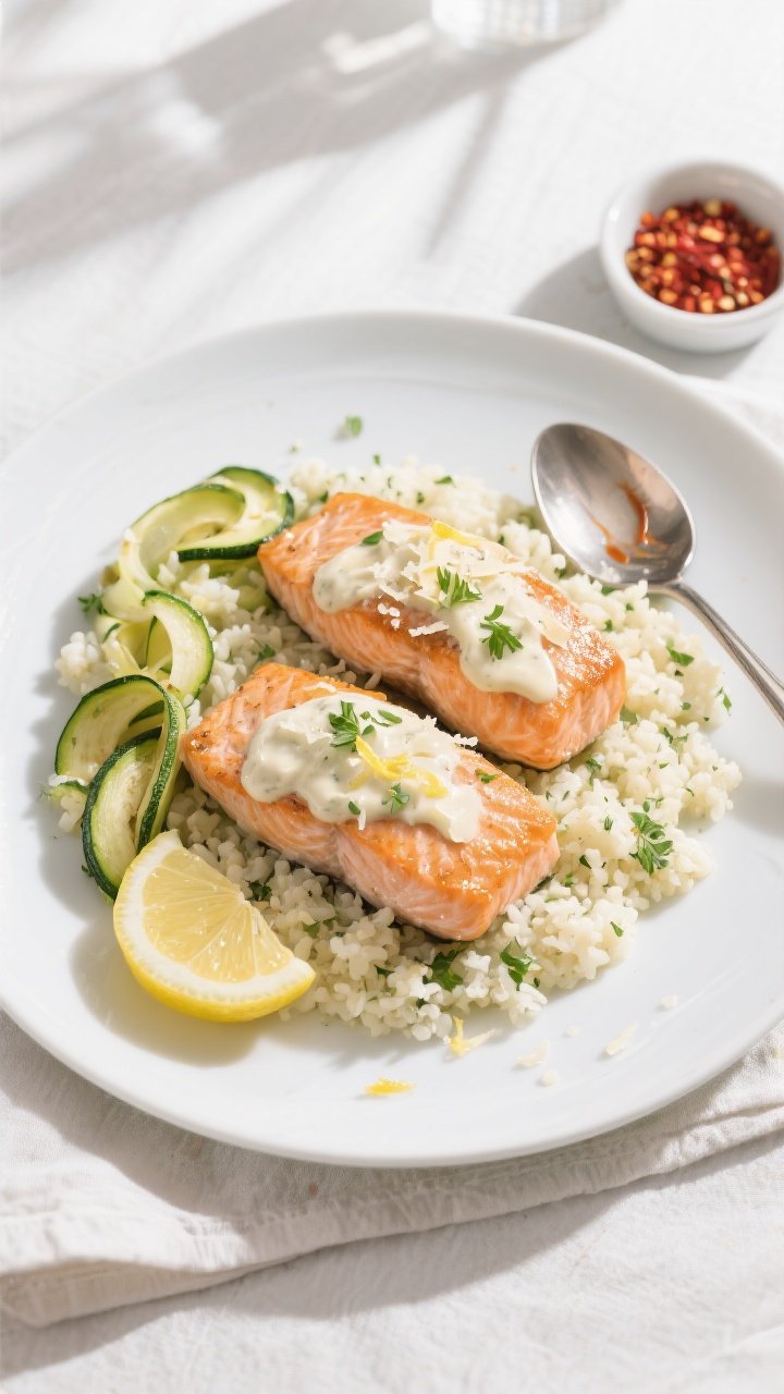 Final dish, top view: Overhead shot of low-carb creamy garlic salmon plated on a matte white rimmed 