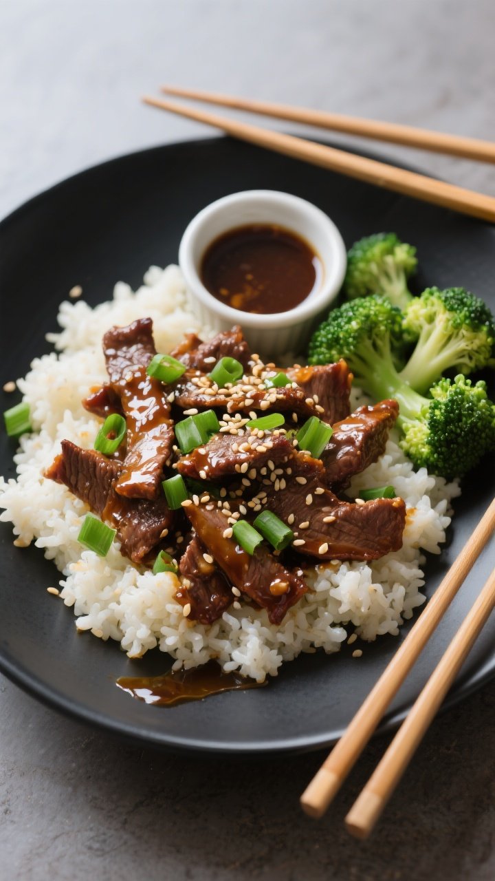Final dish, top view: Overhead shot of Low Carb Mongolian Beef plated over fluffy cauliflower rice i