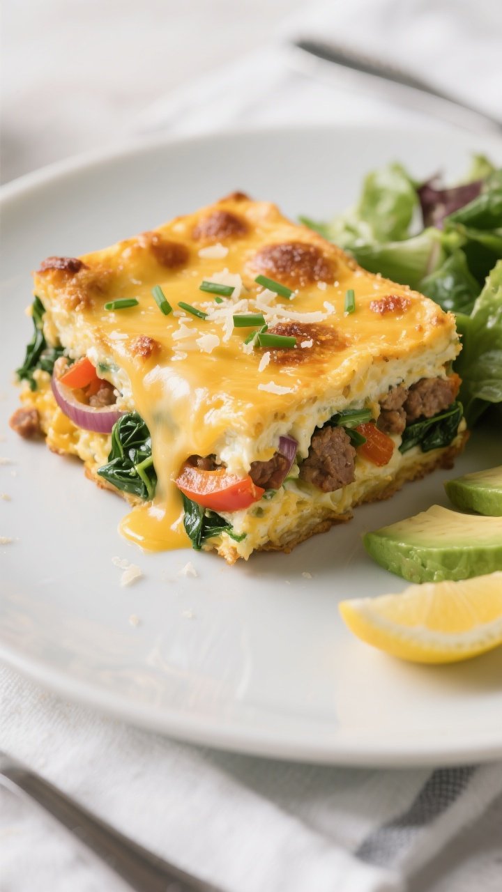 Final plated, close-up detail: Thick, neatly sliced square of cheesy keto egg breakfast casserole on