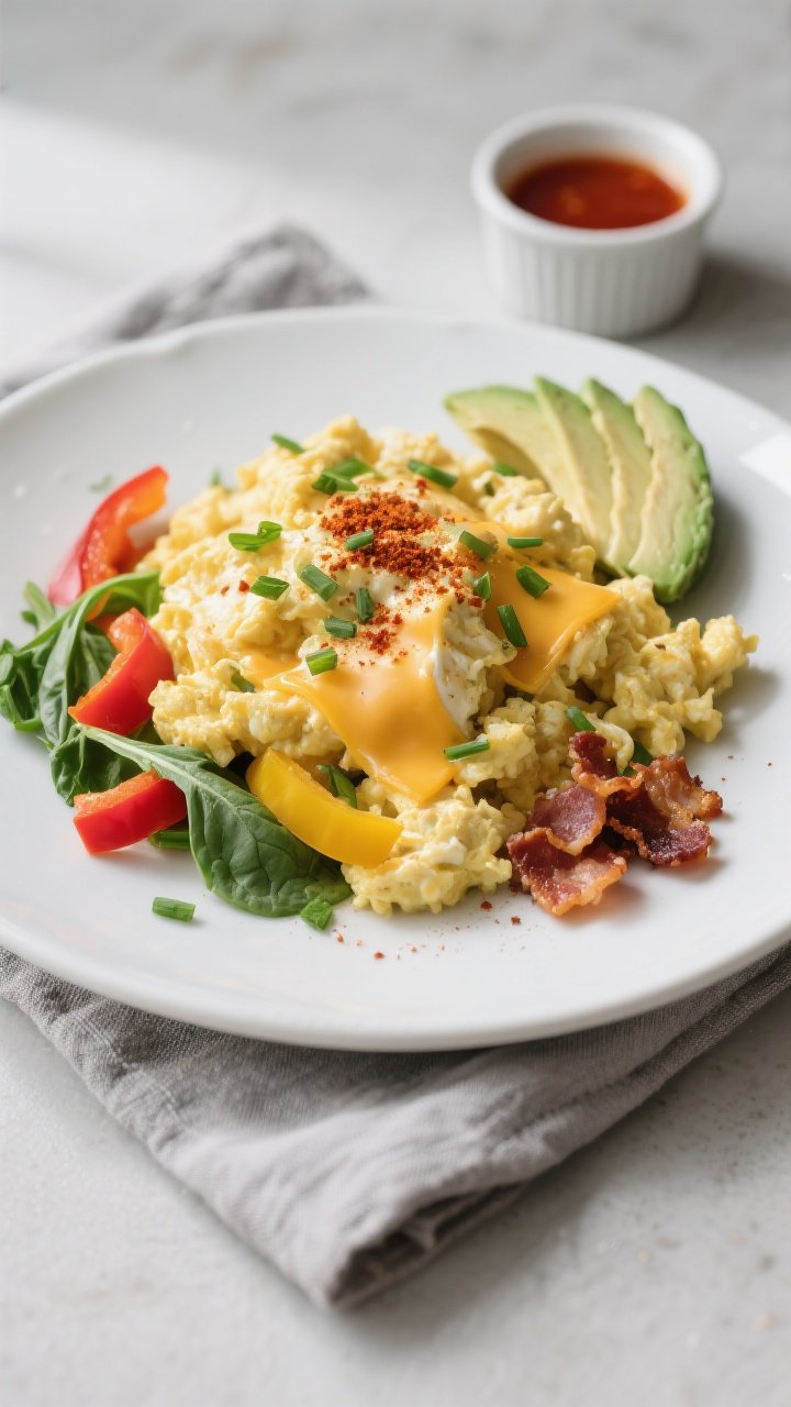 Final plated overhead: Beautifully plated Quick Keto Breakfast Scramble on a matte white ceramic pla