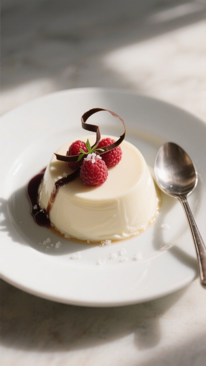 Final plated, overhead beauty: Unmolded keto vanilla panna cotta on a matte white plate, elegant qui