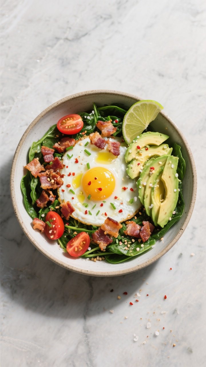 Final plated overhead: Keto Avocado Bacon Breakfast Bowl arranged in a wide shallow ceramic bowl—w