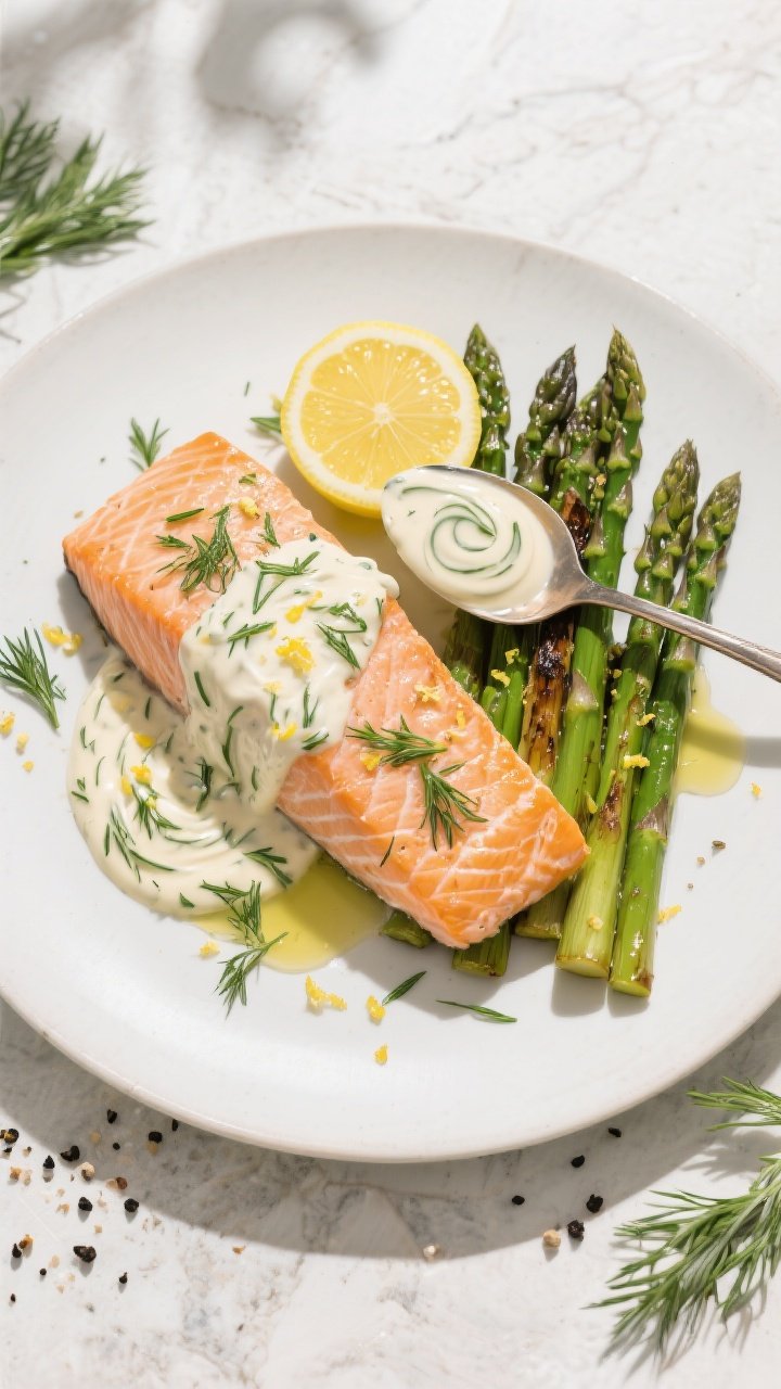Final plated overhead: Keto salmon with a generous spoonful of creamy lemon-dill sauce swirled over 