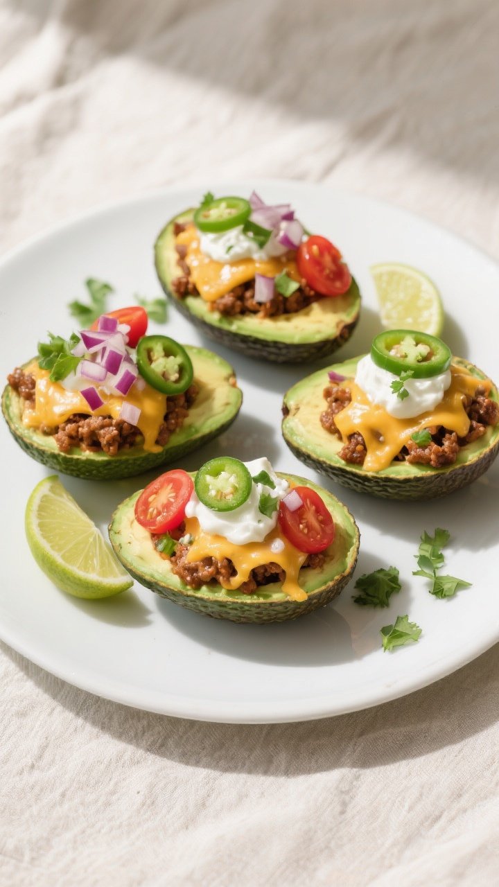 Final plated overhead: Keto Taco Stuffed Avocados arranged on a matte white platter—ripe avocado h