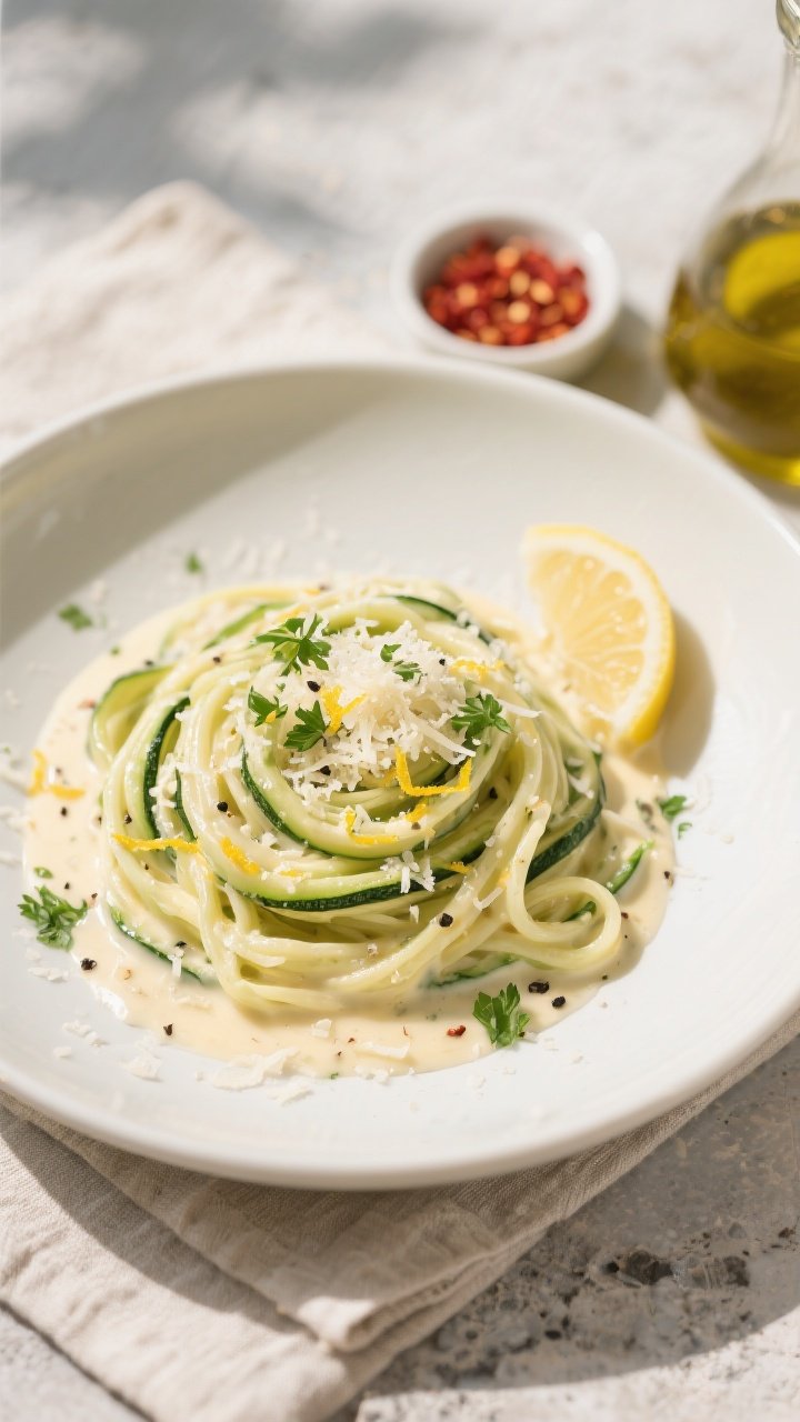 Final plated overhead: Keto Zucchini Noodle Alfredo twirled into a neat nest on a matte white shallo