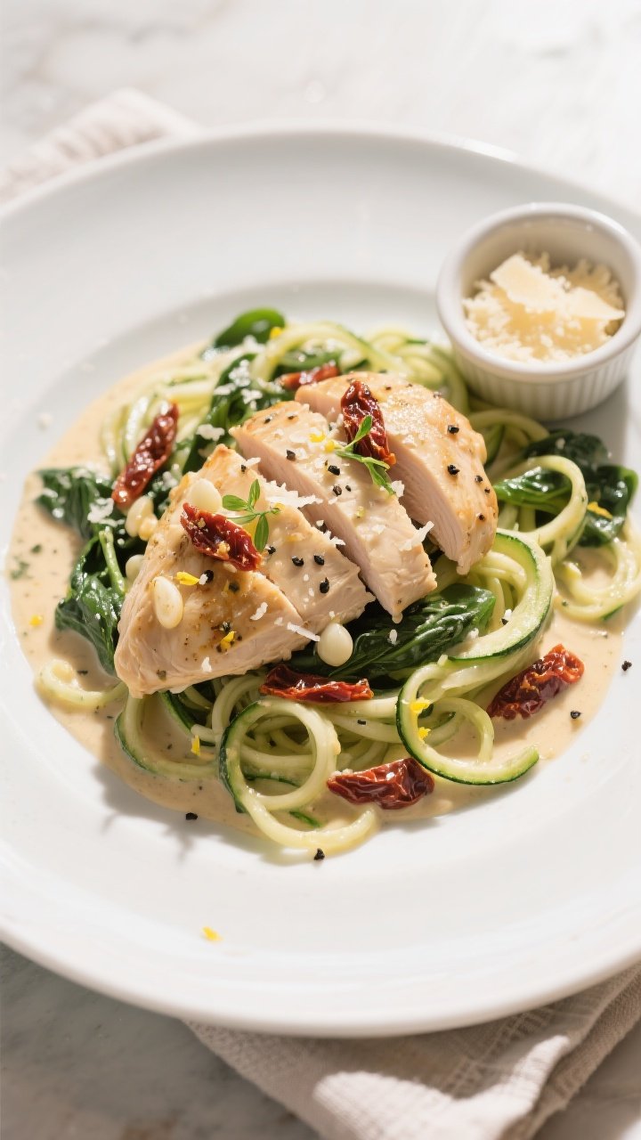 Final plated overhead: Low Carb Creamy Tuscan Chicken elegantly served over a twirl of zucchini nood