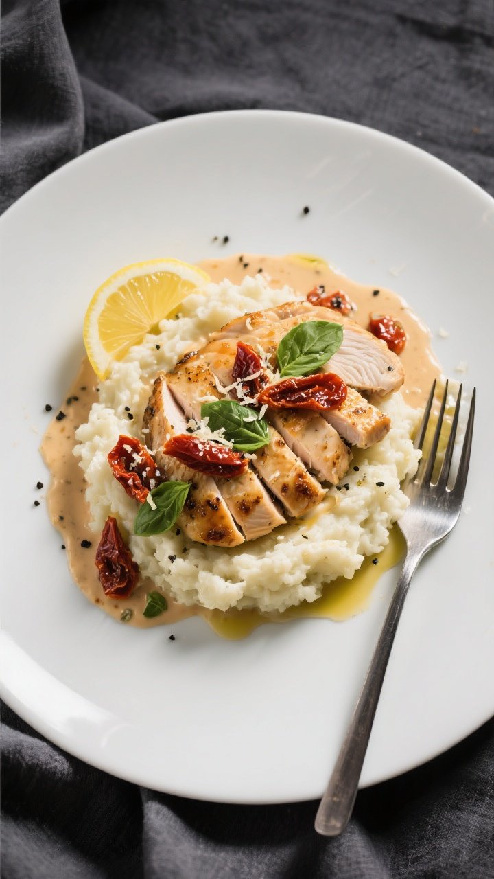 Final plated overhead: Low Carb Marry Me Chicken sliced and fanned over creamy cauliflower mash, gen