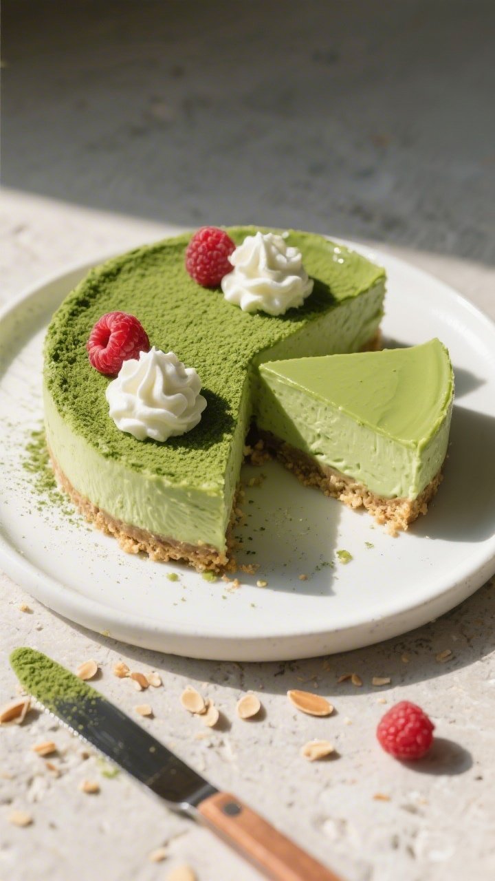 Final plated overhead shot: Fully set Keto Matcha Cheesecake sliced cleanly, top dusted lightly with