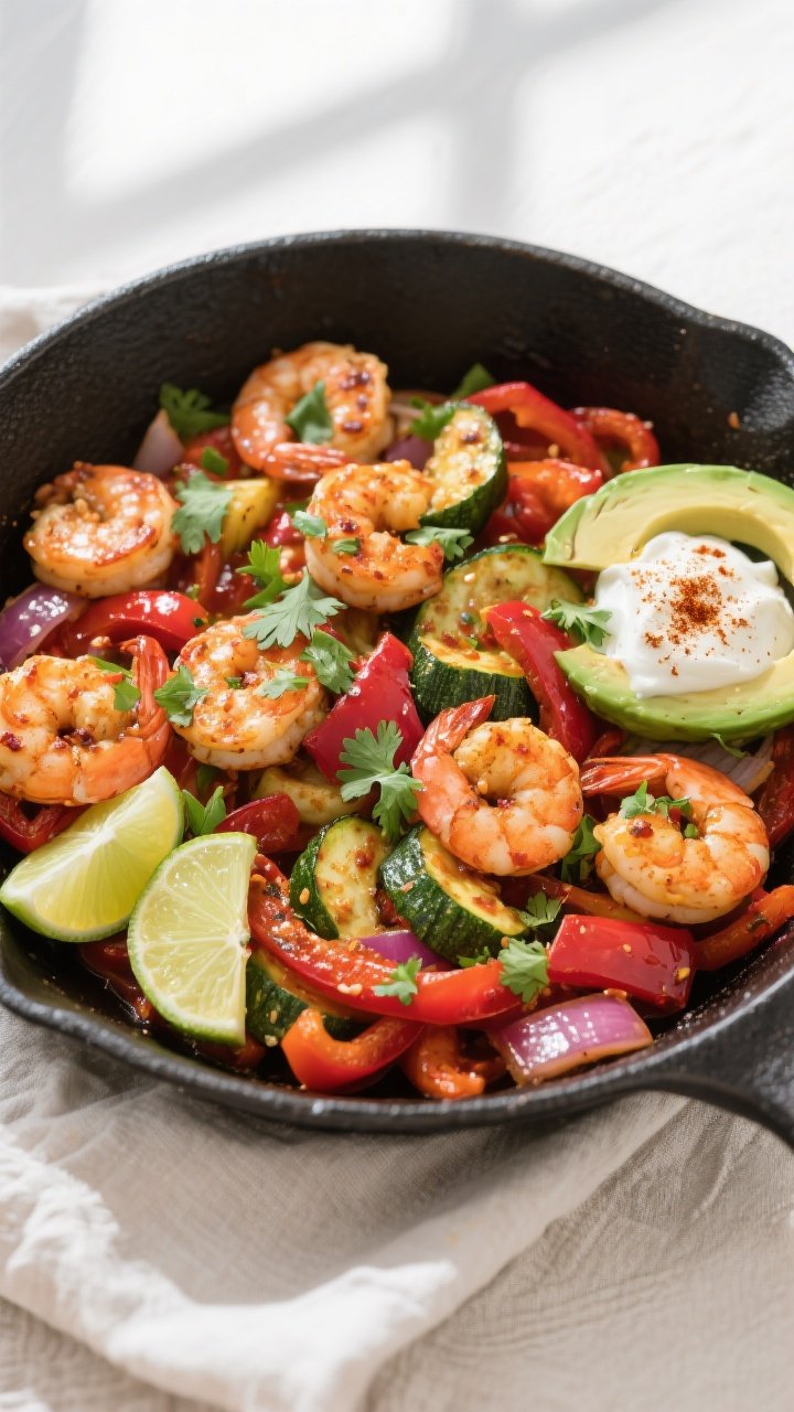 Final plated overhead: Spicy Keto Shrimp Skillet served family-style in a wide, low black skillet on