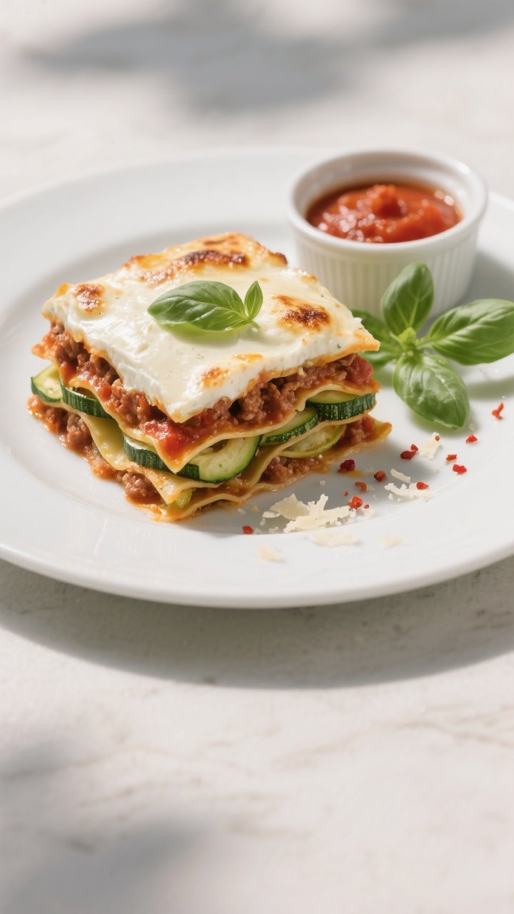 Final plated overhead: Tasty top-down shot of a neatly cut square of keto zucchini lasagna on a matt