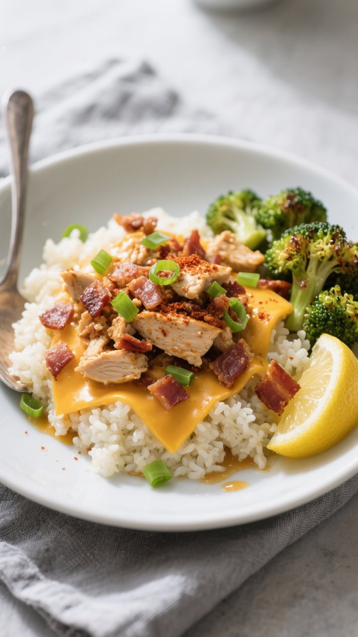 Final plated, overhead: Tasty top-down shot of Low Carb Crack Chicken spooned over fluffy cauliflowe