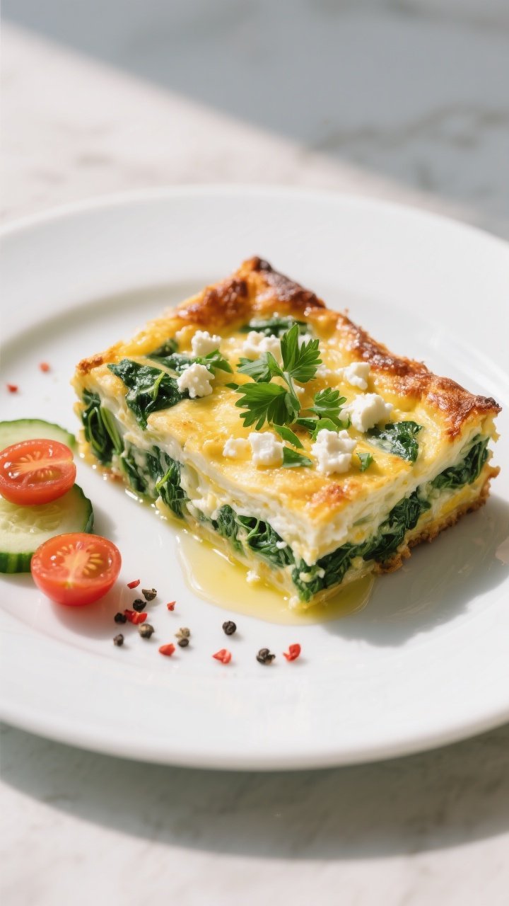 Final plated, tasty top view: Overhead shot of a neatly sliced square of Keto Spinach & Feta Egg Bak