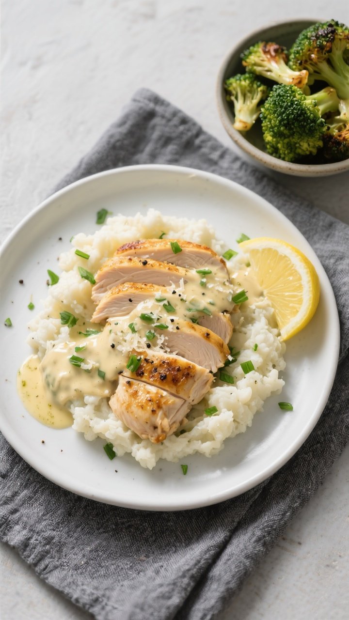 Final plated, top view: Overhead shot of Creamy Garlic Butter Keto Chicken elegantly plated—sliced
