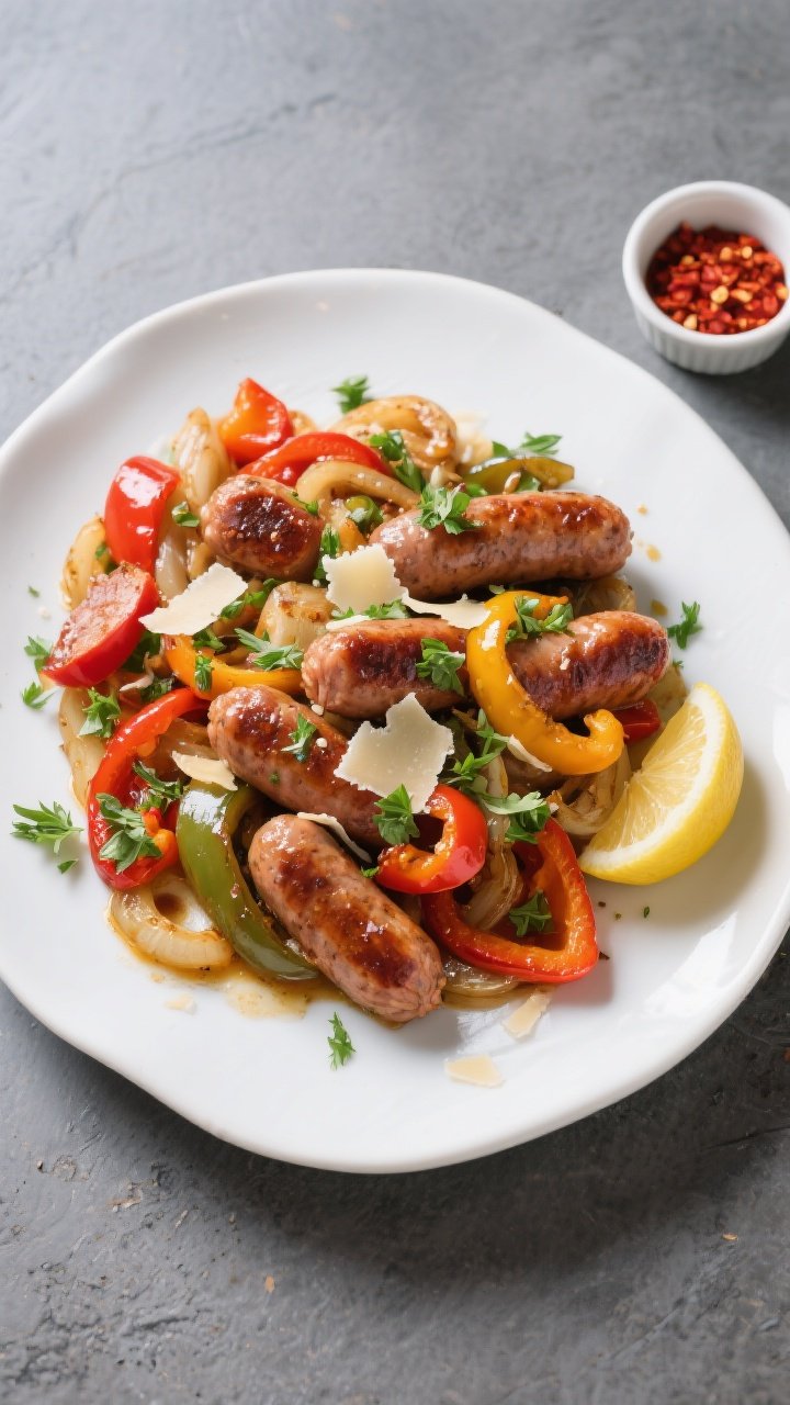 Final plated top view: Overhead shot of Easy One-Pan Keto Sausage & Peppers artfully arranged on a w