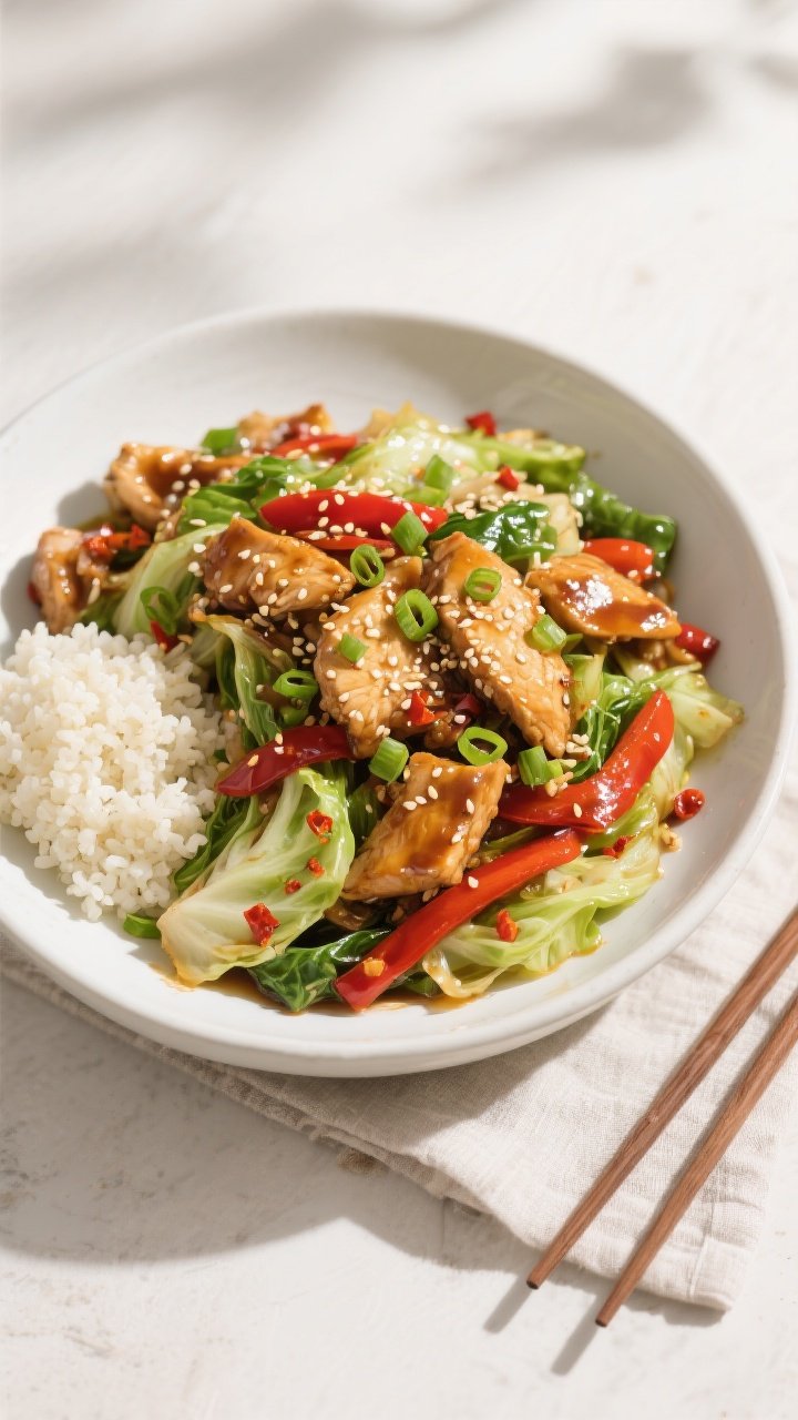 Final plated, top view: Overhead shot of Low Carb Chicken Cabbage Stir Fry heaped in a wide matte-wh