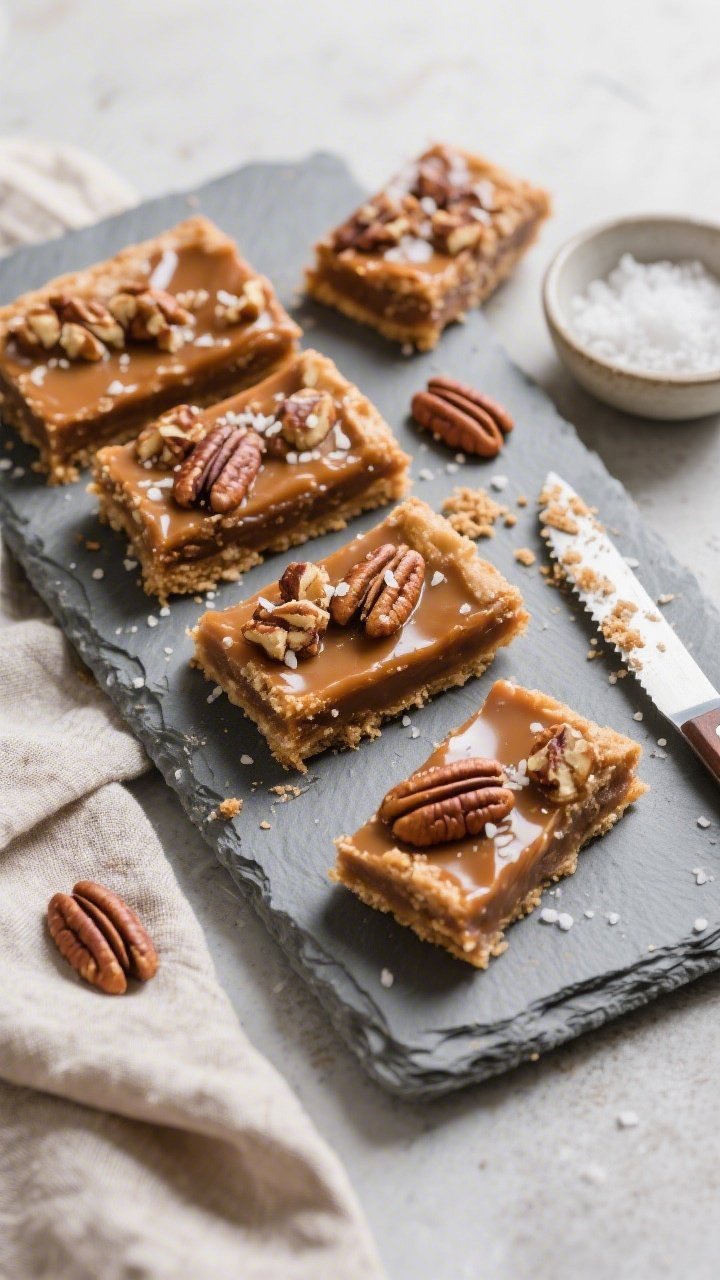 Final presentation overhead: An top-down shot of neatly sliced Keto Pecan Pie Bars arranged on a coo