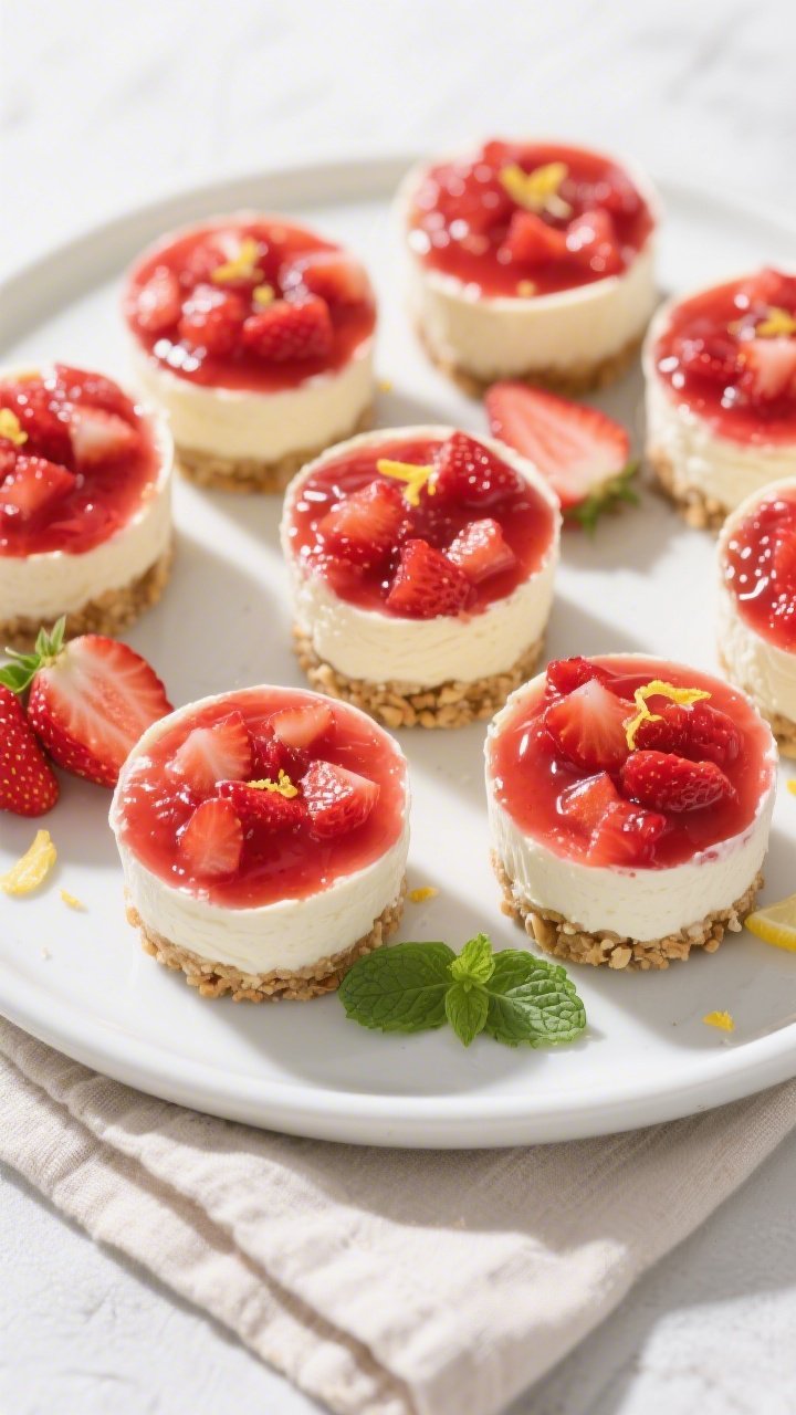 Overhead final presentation: Eight keto strawberry cheesecake cups set and chilled, neatly arranged 