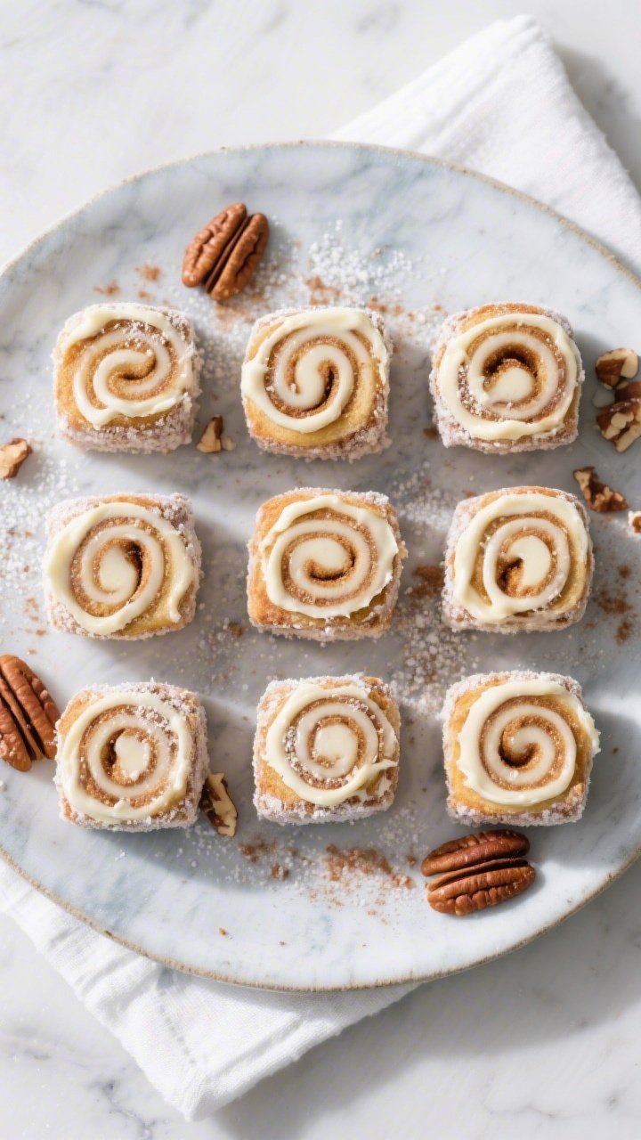 Overhead final presentation of chilled keto cinnamon roll fat bombs arranged in a neat grid on a coo