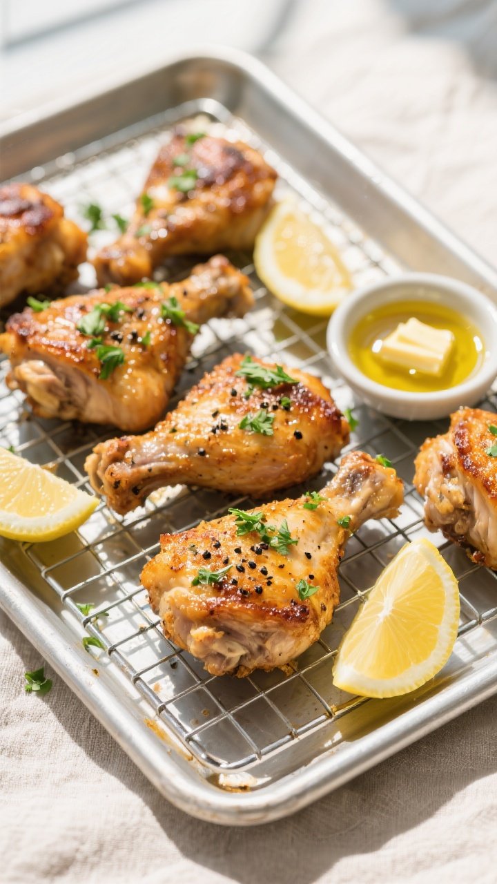 Overhead final presentation of crispy keto chicken thighs on a wire rack set over a sheet pan, skin-