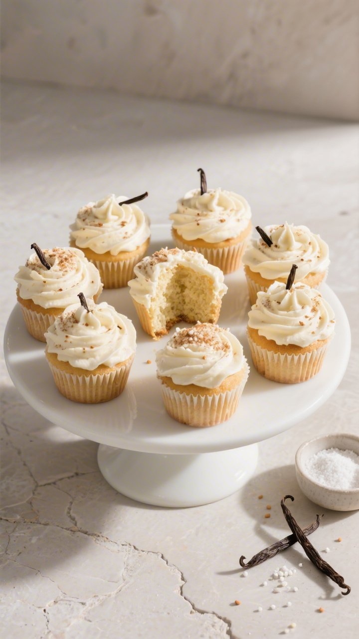 Overhead final presentation of frosted keto vanilla cupcakes on a matte white cake stand, piped vani