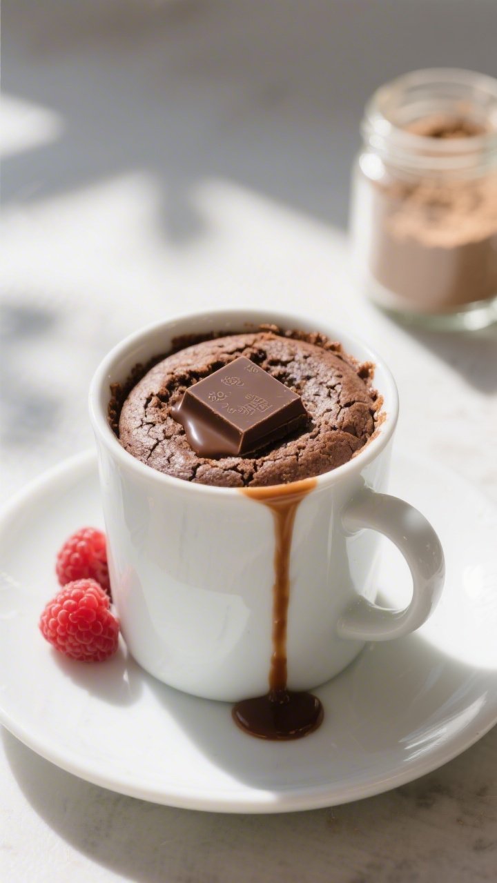 Overhead final presentation: of the low-carb chocolate mug cake after resting, neatly risen with a t