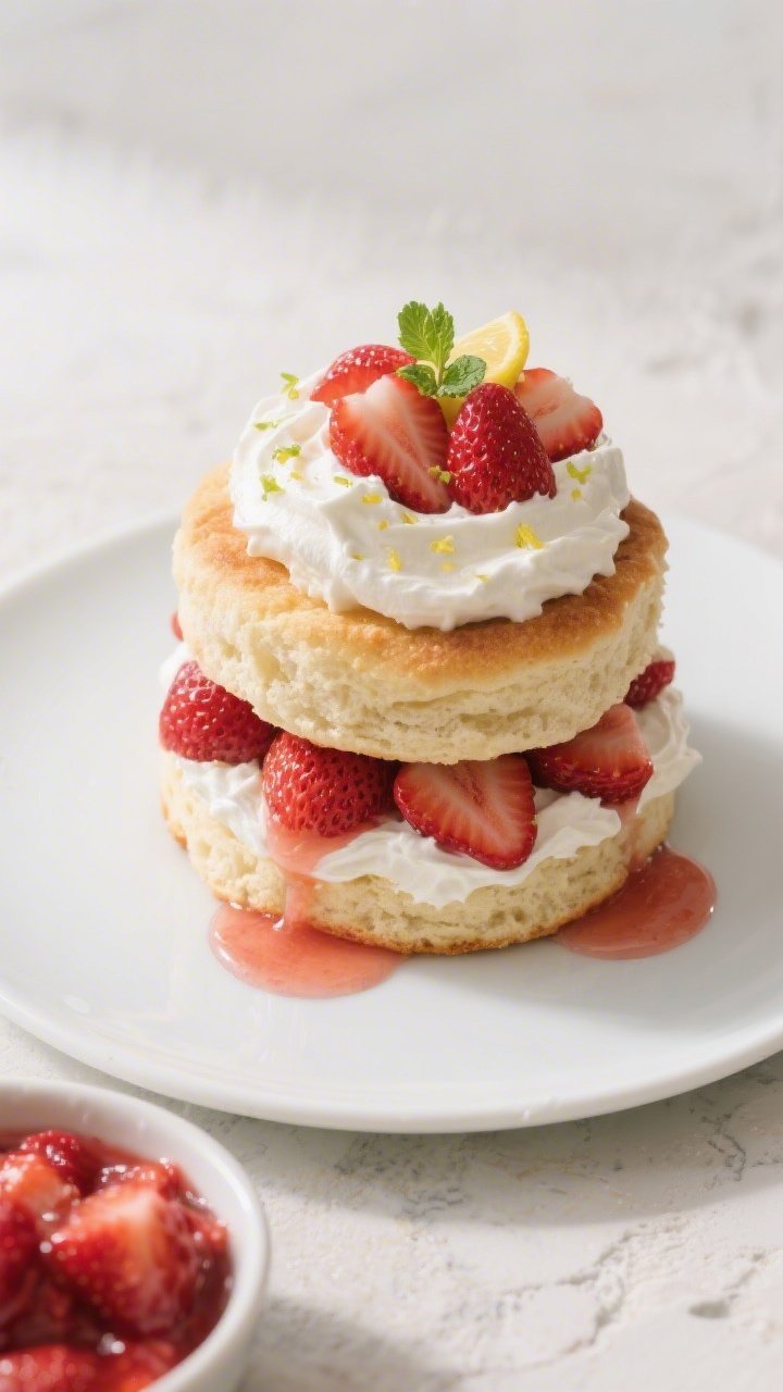 Overhead final presentation shot: fully assembled Low Carb Strawberry Shortcake stacked high—botto