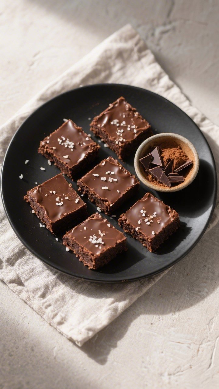 Overhead final presentation: Six neatly sliced low carb brownie squares arranged on a matte black pl