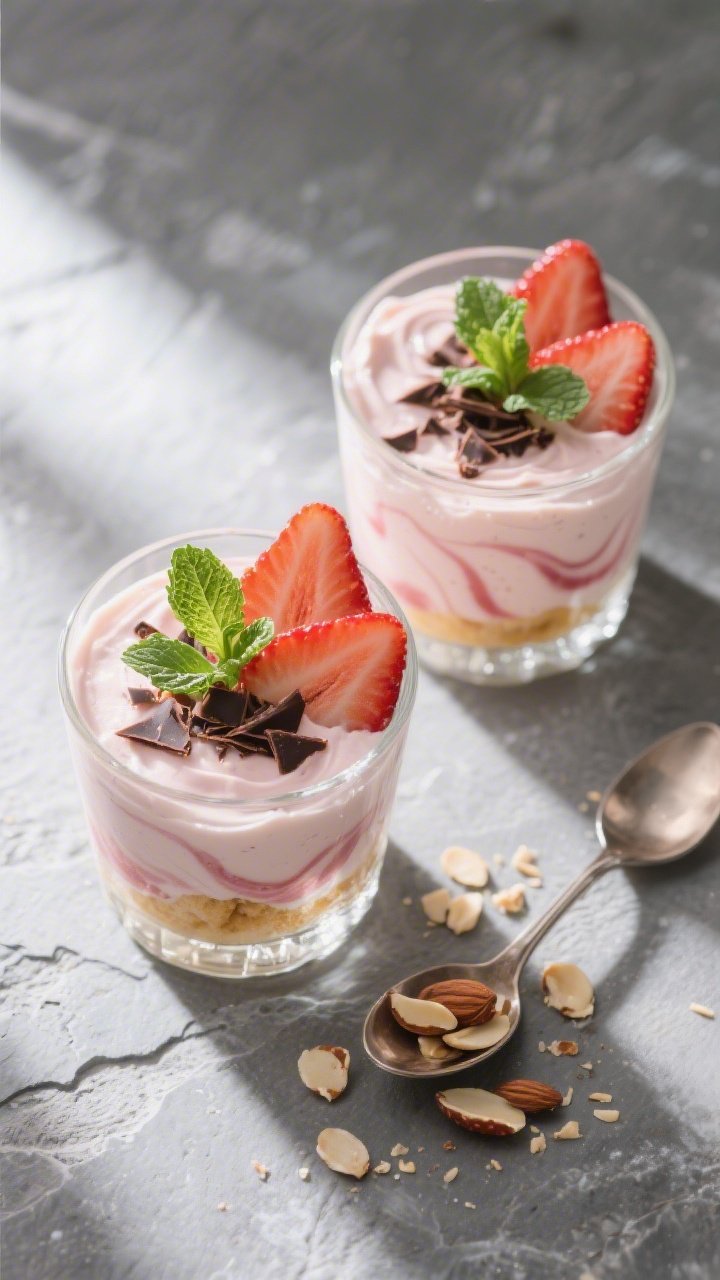 Overhead final presentation: two parfait glasses filled with the chilled strawberry cream, showcasin