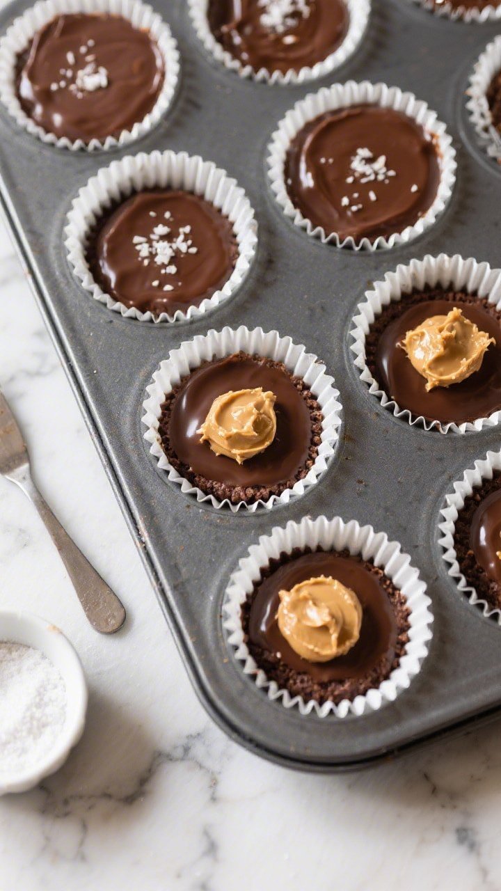 Overhead process shot: Mini muffin tin lined with paper cups on a cool marble surface, showing the a