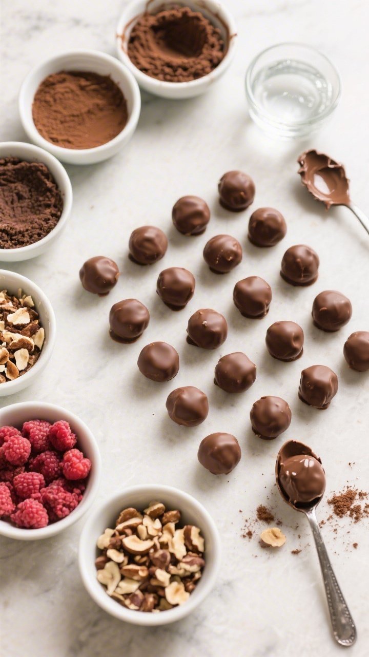 Overhead process shot: neat rows of 1-inch ganache mounds being rolled and coated, with shallow bowl