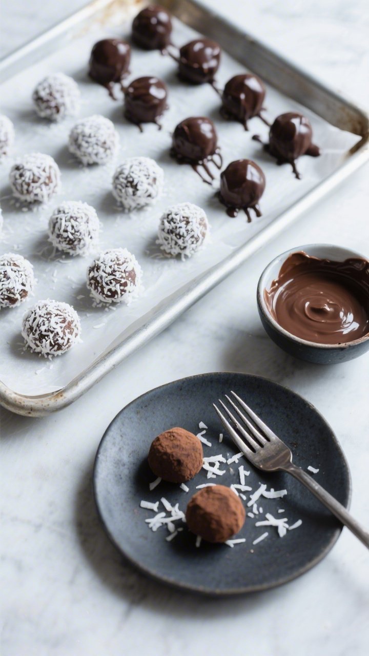 Overhead process-to-plated scene: parchment-lined baking sheet with neatly rolled truffle spheres—