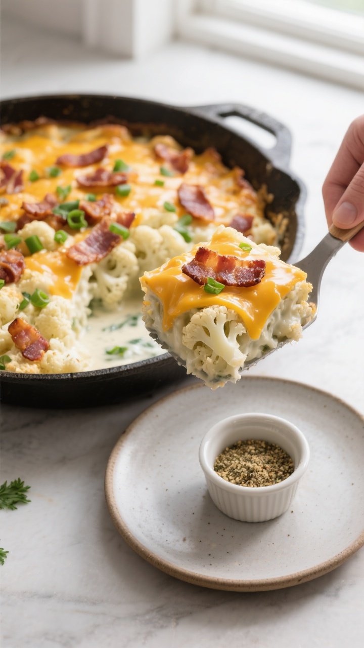 Overhead “serving moment” process shot: a spatula lifting a square of the Keto Bacon Ranch Cauli