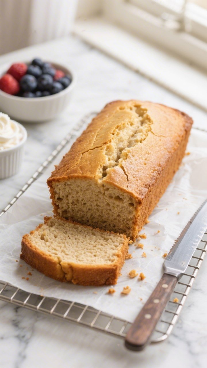 Overhead shot of a freshly baked Low Carb Almond Flour Pound Cake cooling on a wire rack, golden top