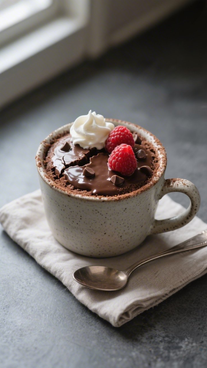 Overhead shot of a freshly microwaved keto chocolate mug cake in a 12-ounce stoneware mug, top just 