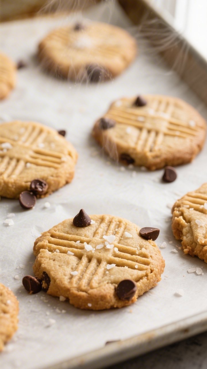 Overhead shot of freshly baked keto almond butter cookies cooling on a parchment-lined sheet pan, go
