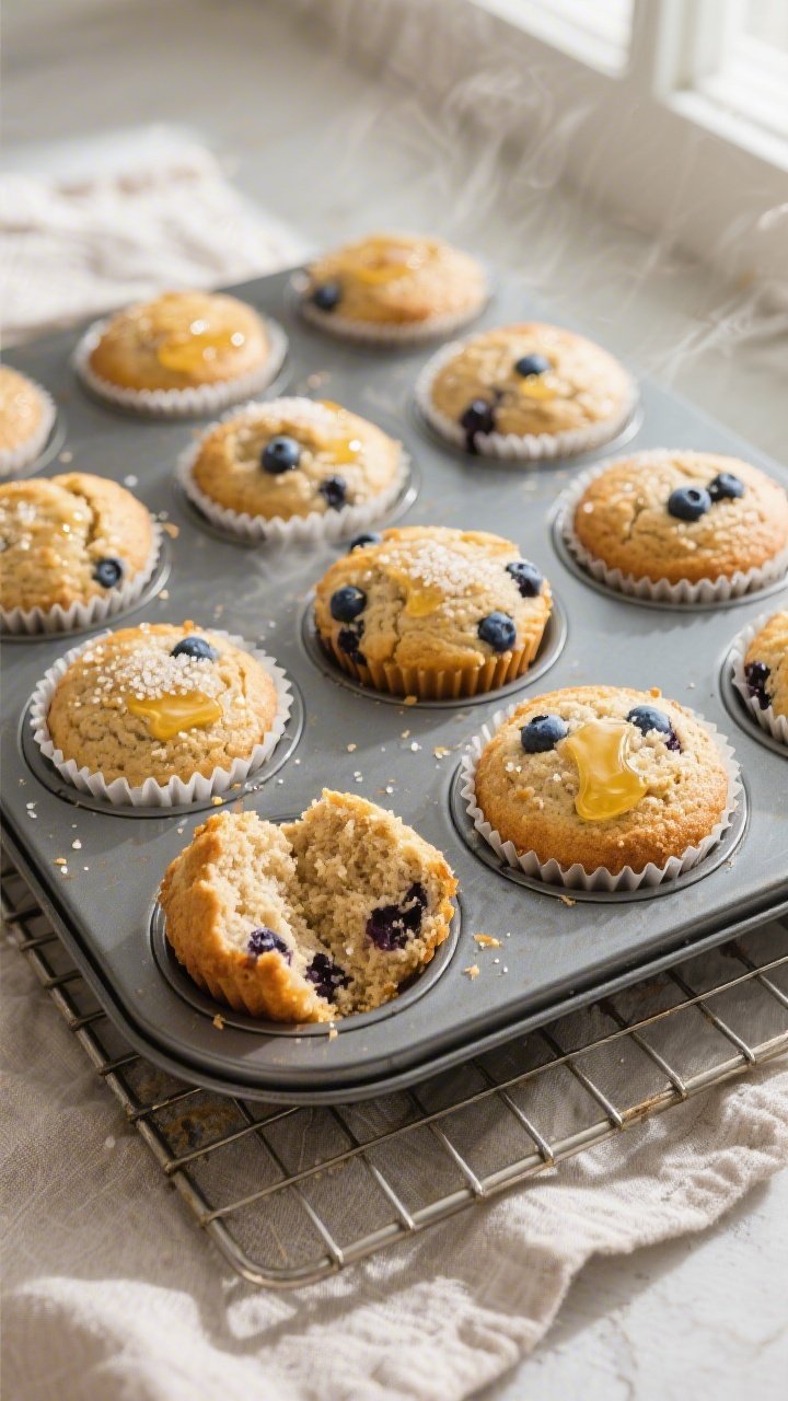Overhead shot of freshly baked keto blueberry muffins cooling in a 12-cup muffin tin on a wire rack,