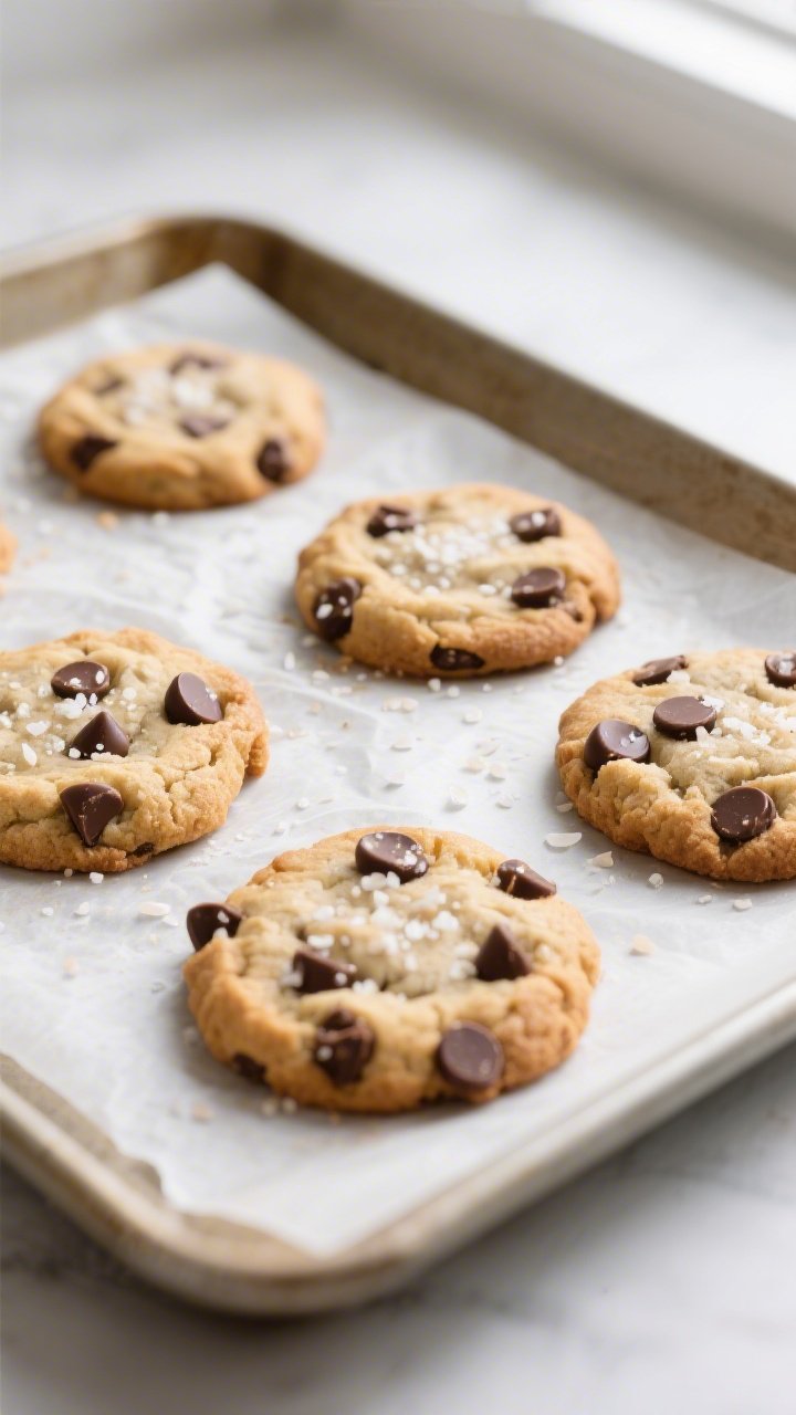 Overhead shot of freshly baked keto chocolate chip cookies cooling on a parchment-lined sheet pan, e