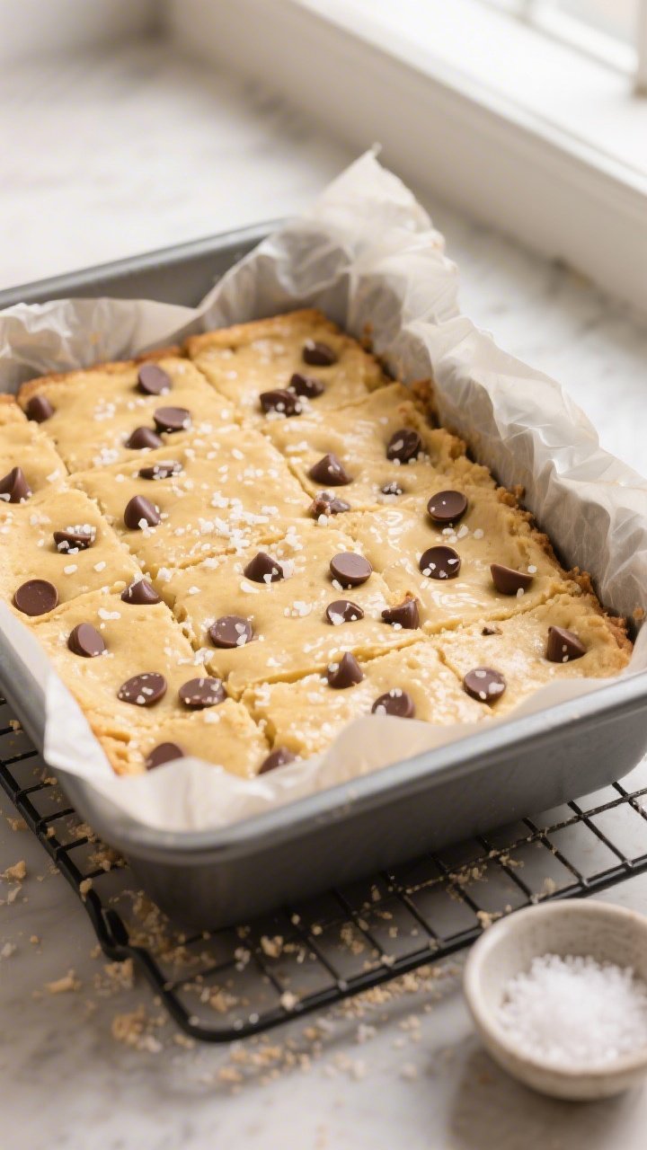 Overhead shot of freshly baked low-carb chocolate chip blondies cooling in an 8x8 pan lined with cri