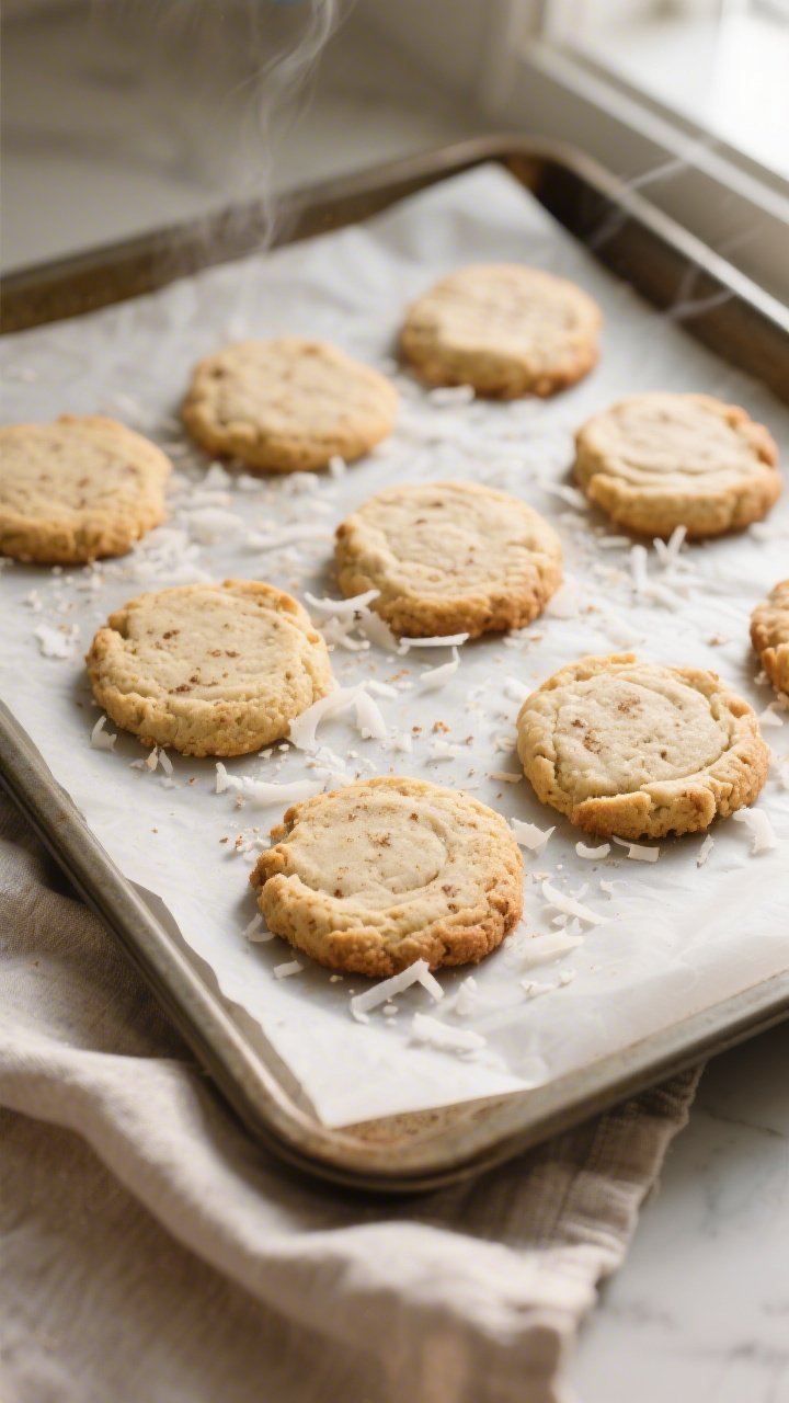 Overhead shot of freshly baked Low Carb Coconut Flour Cookies cooling on a parchment-lined baking sh