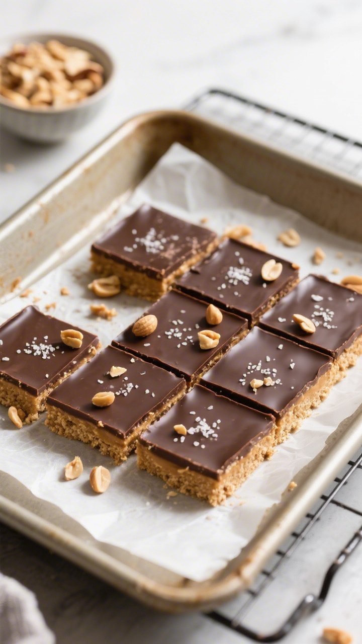 Overhead shot of freshly sliced Low Carb Peanut Butter Bars on parchment lifted from an 8x8 pan, sho