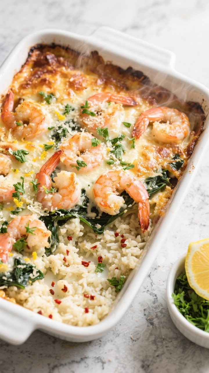 Overhead shot of the baked Keto Garlic Parmesan Shrimp Casserole just out of the oven, bubbling and 