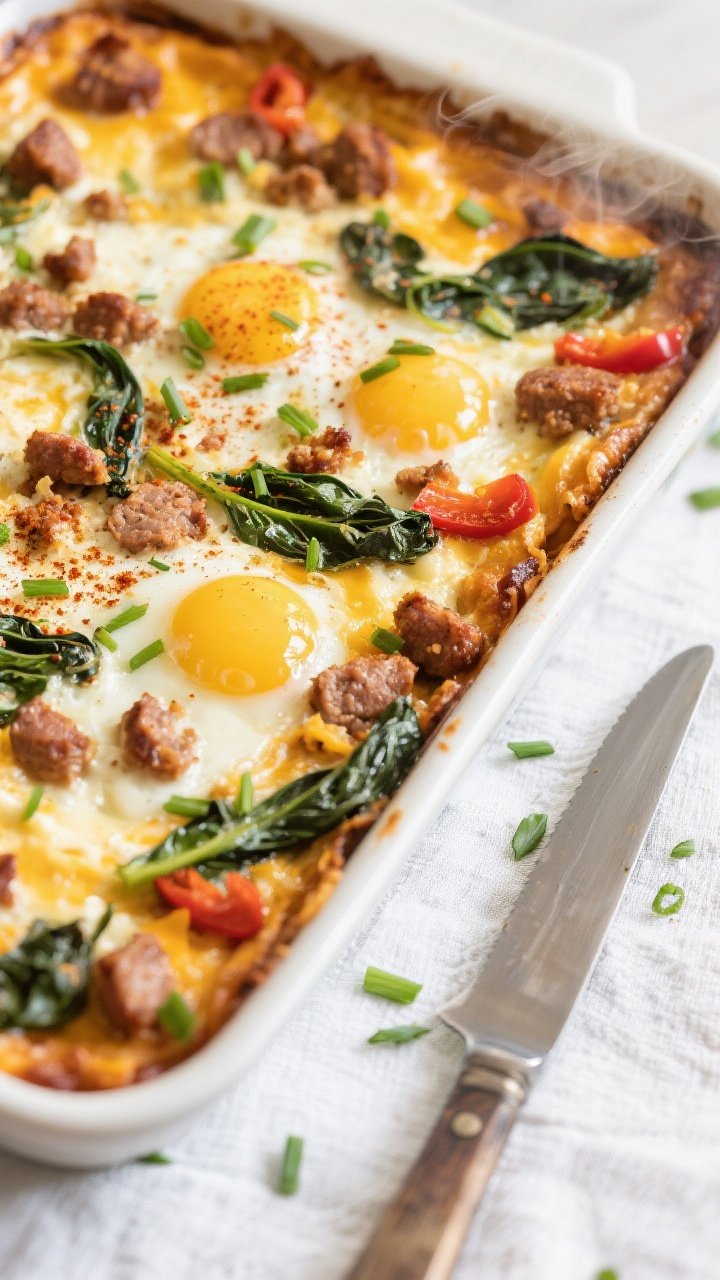 Overhead shot of the baked Keto Sausage & Egg Breakfast Casserole just out of the oven in a 9x13 dis