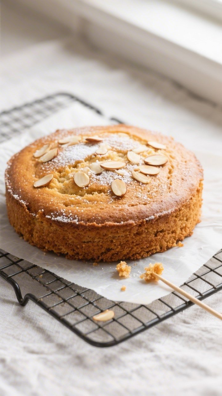 Overhead shot of the freshly baked Low Carb Vanilla Almond Cake just out of the pan, resting on a wi