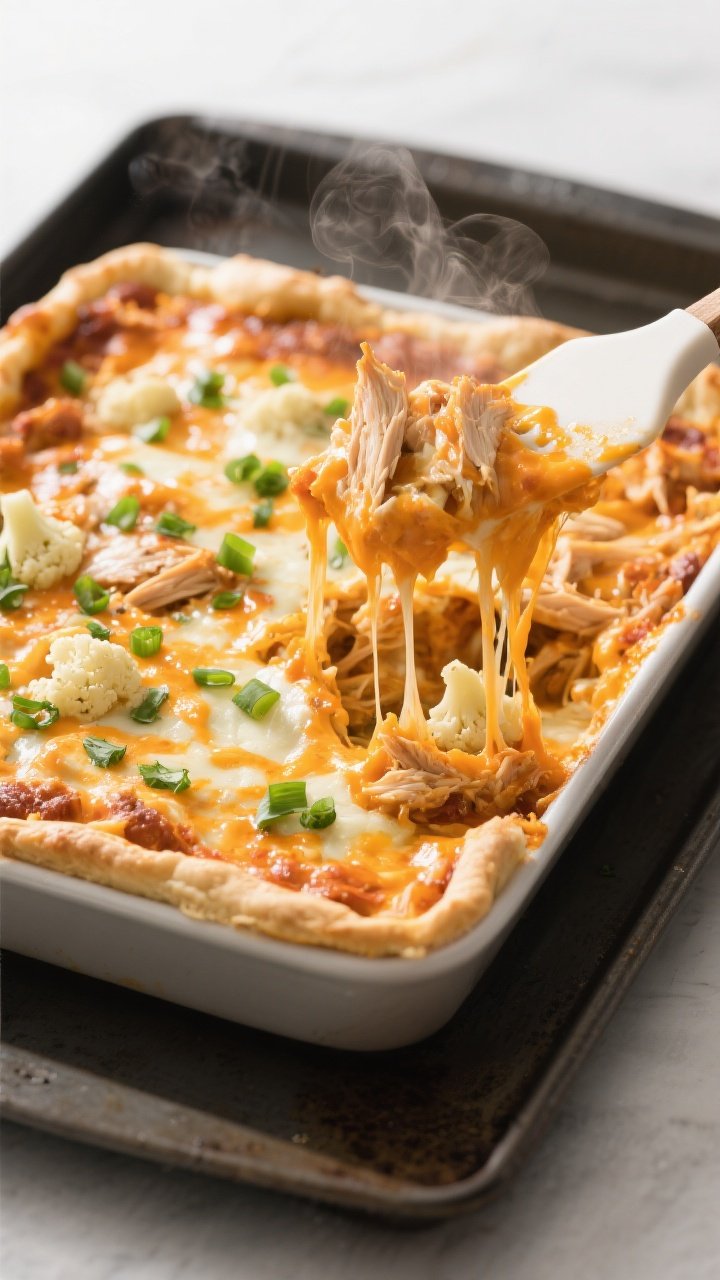 Overhead shot of the Keto Buffalo Chicken Dip Dinner Bake just out of the oven in a 9x13 dish: molte