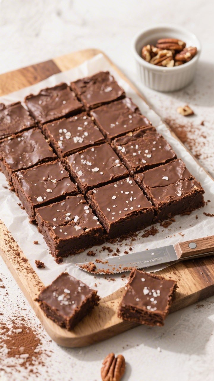 Overhead “tasty top view” of a neat grid of keto brownies cooled and lifted from the pan, each s