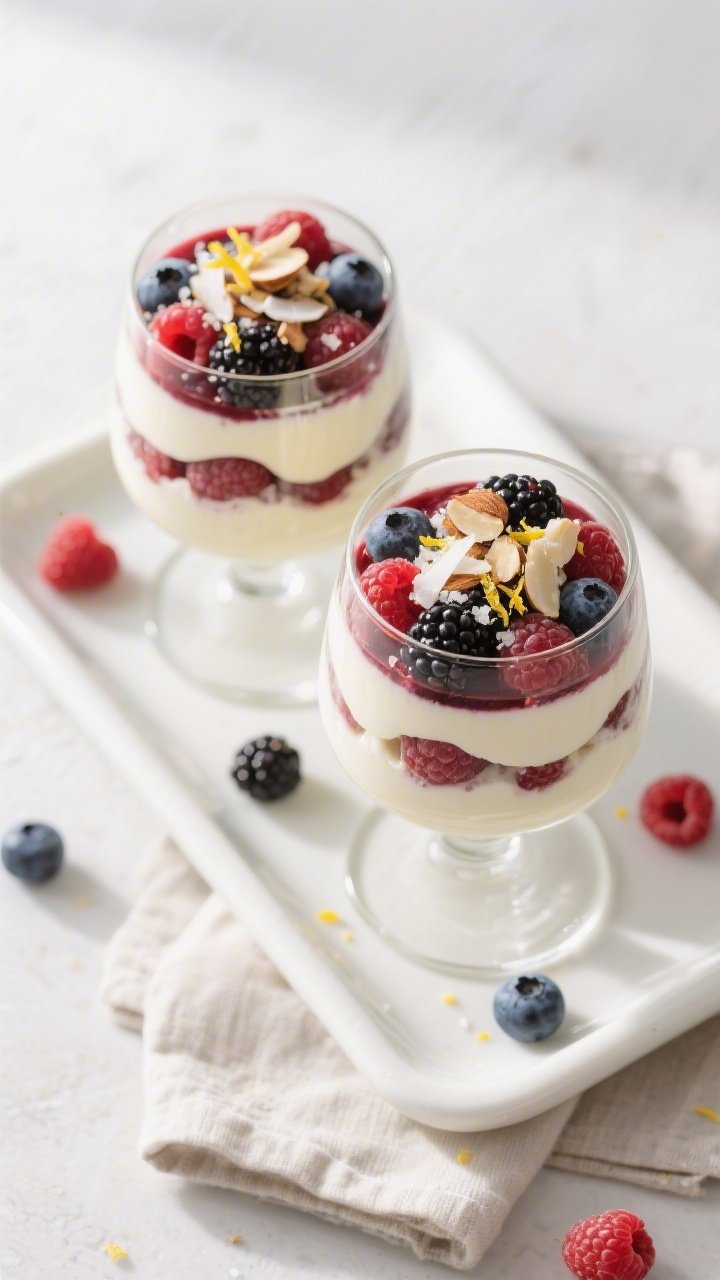 Tasty top-view final presentation: Overhead shot of two finished Low Carb Berry Parfaits in stemless