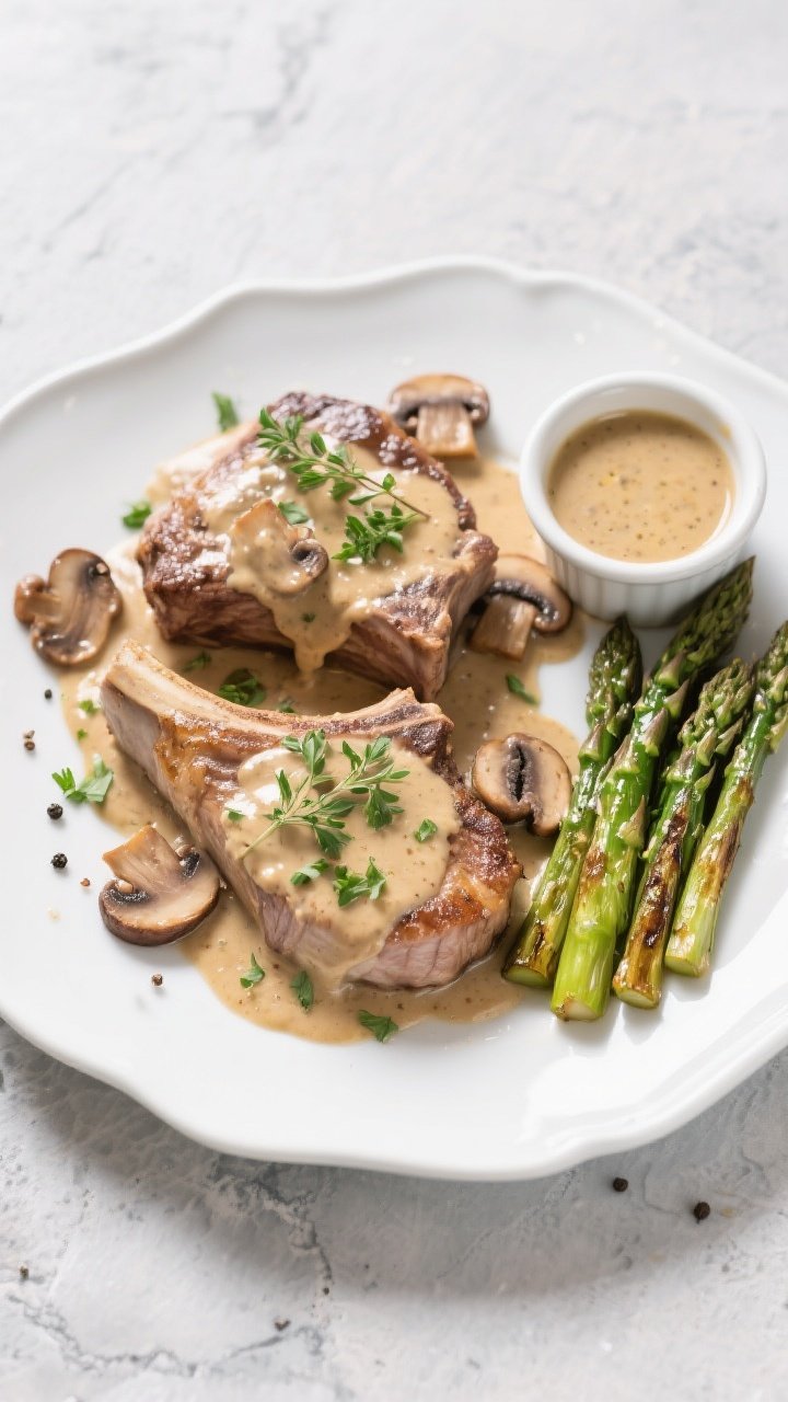 Tasty top-view final presentation: Overhead shot of two bone-in pork chops plated on a wide white ri