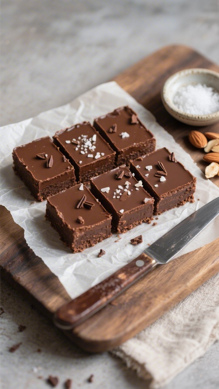 5 inch squares on parchment-lined board, top sprinkled with delicate flaky sea salt and a few cocoa 